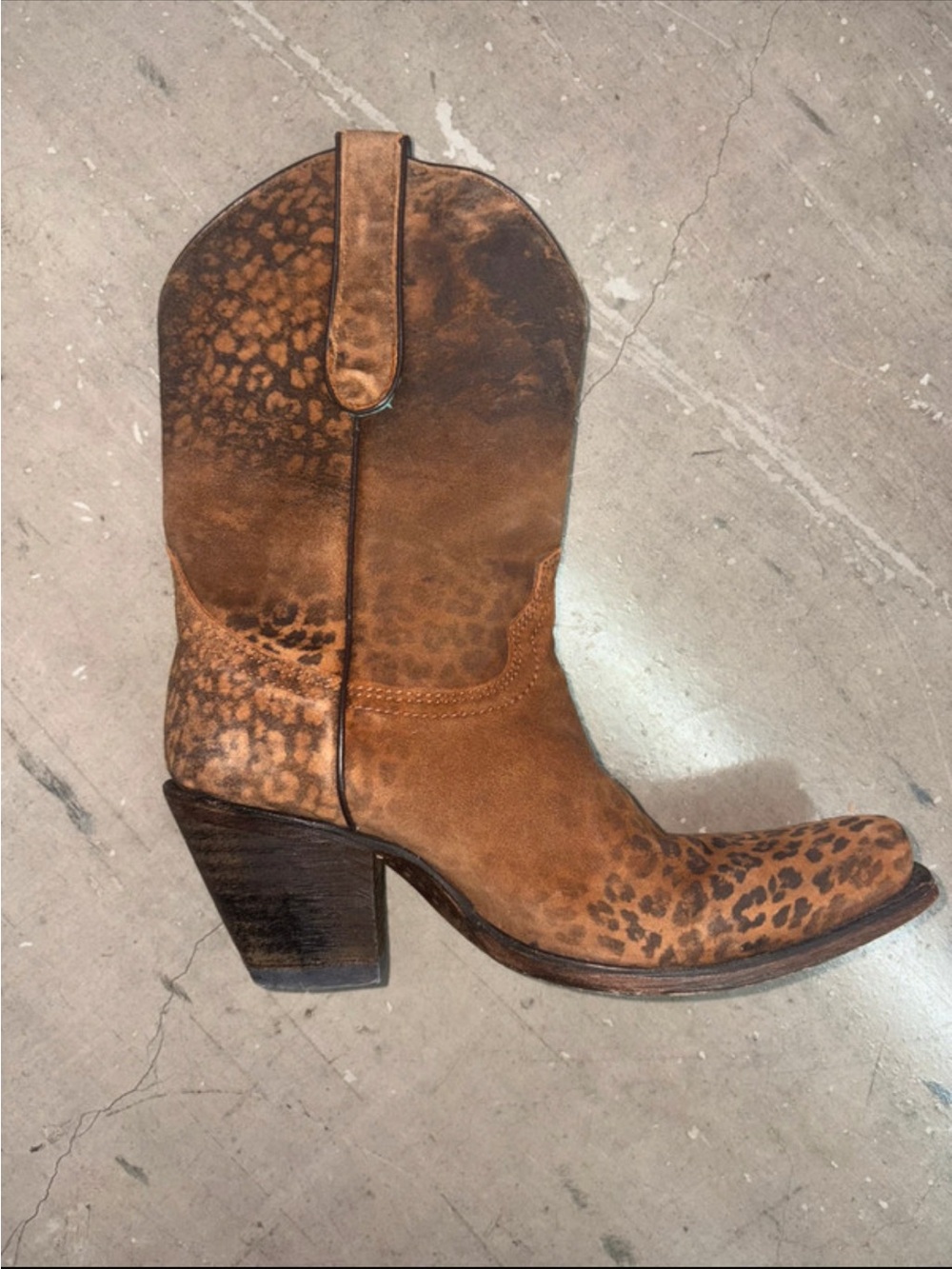 Leopard-Accent Brown Western Heeled Ankle Boot